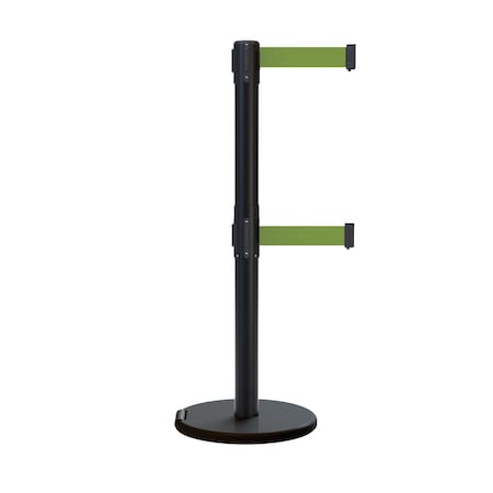 Montour Line Retractable Double Belt Rolling Stanchion, Olive, 7.5 ft Length, 2.5 ft Post Height P400DRL-BK-OL-75